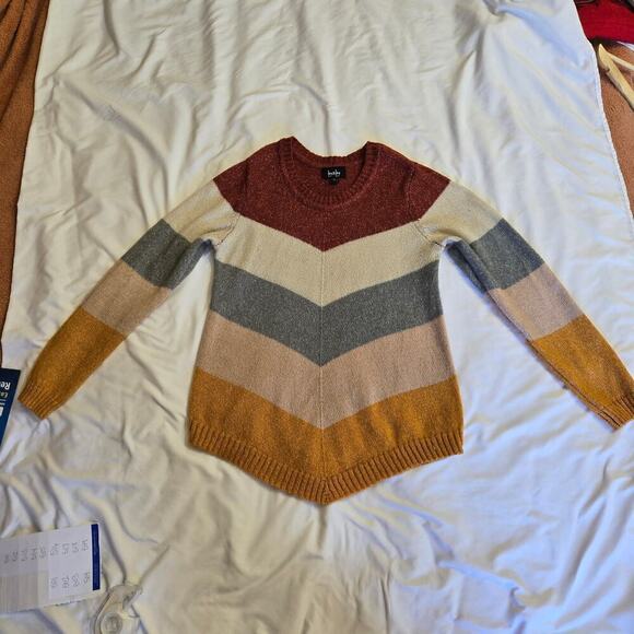By & By Knit Crewneck Sweater Large Rainbow Retro Chevron Cozy Asymmetrical Hem - Picture 2 of 11